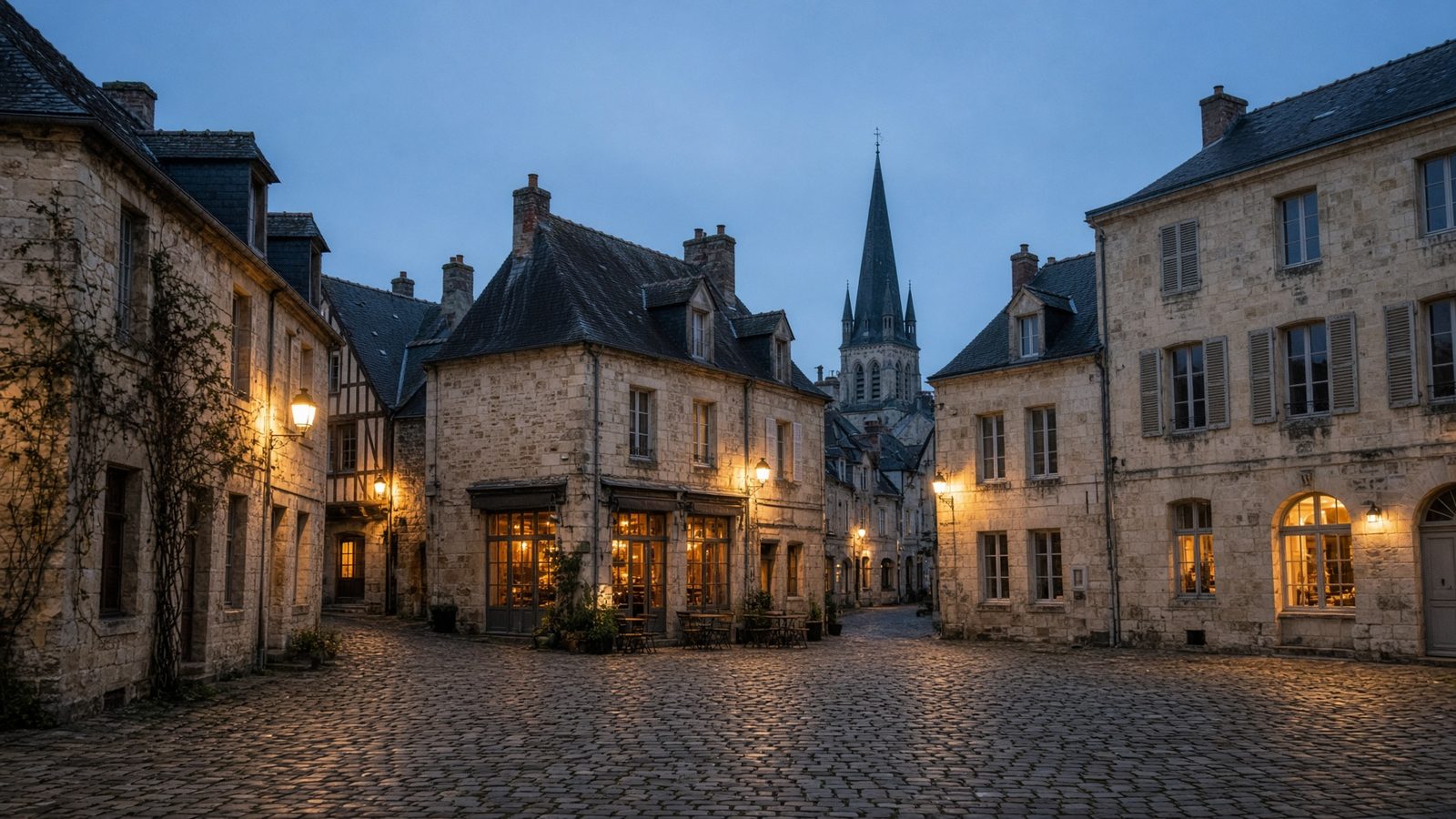 Centre-ville de Sablé-sur-Sarthe au crépuscule